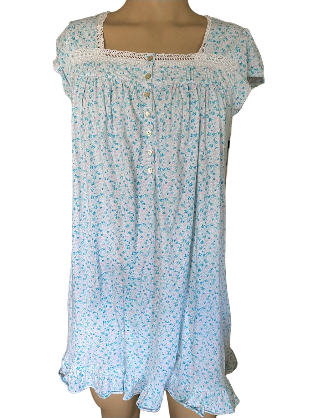 Eileen West knit Light Blue Floral Cotton Button-Front Nightgown